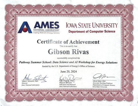 Certificate of Achievement awarded to Gibson Rivas, Pathway Summer School: Data Science and AI Workshop for Energy Solutions