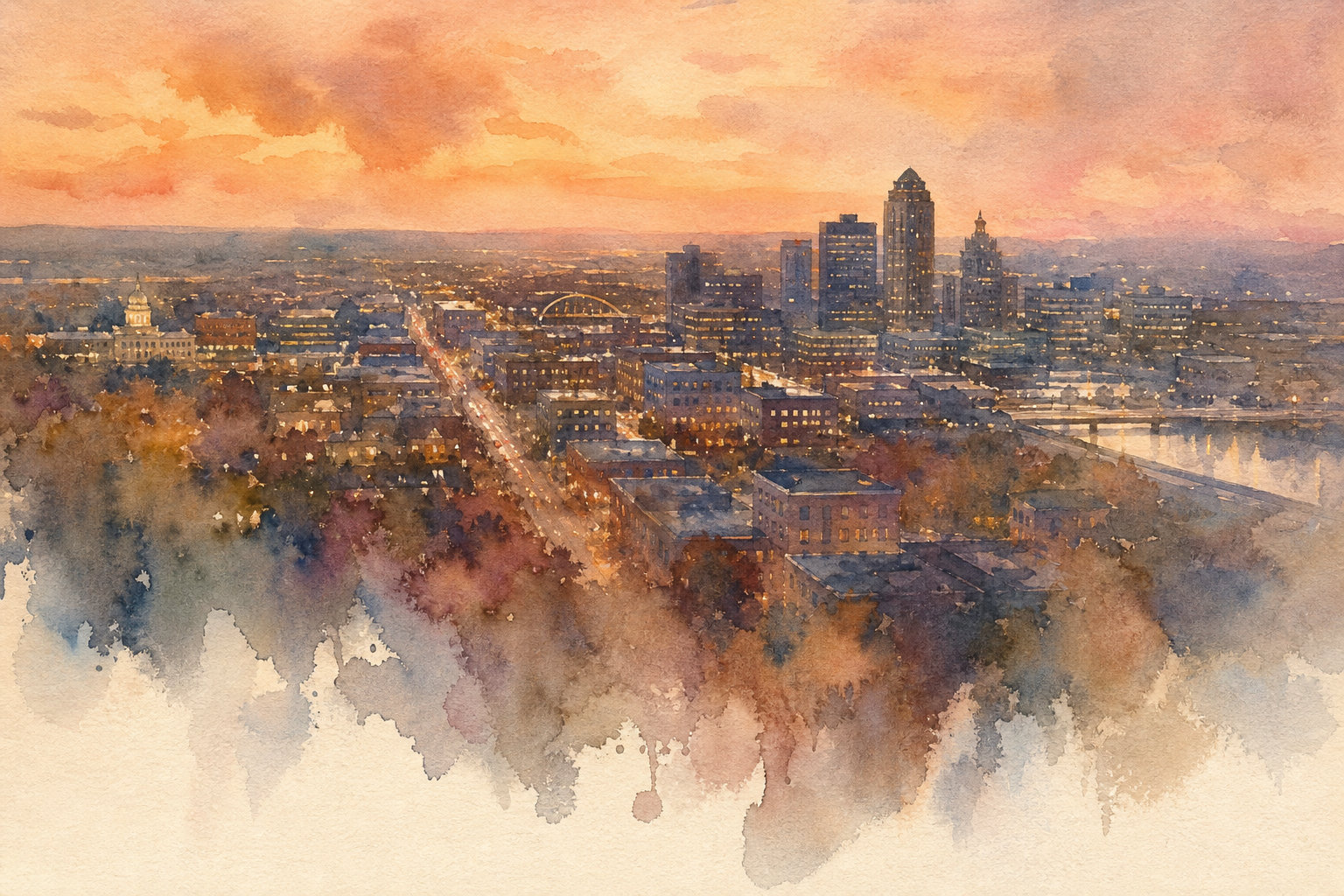 Watercolor painting of Des Moines, Iowa at dusk seen from above, with the Iowa State Capitol dome at the left and the downtown towers beyond